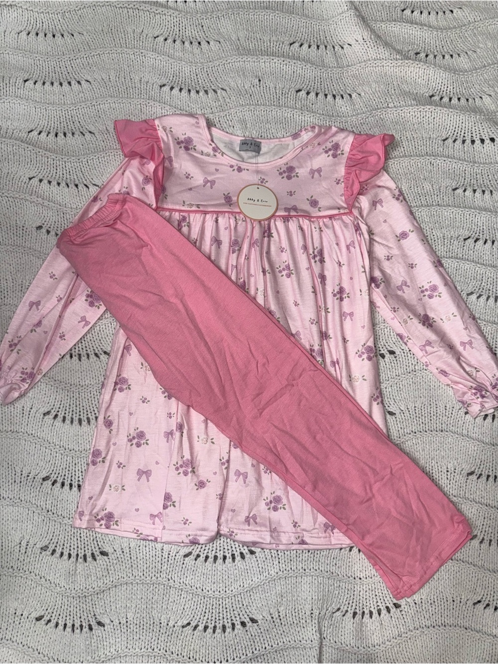 Girls Pink Floral Ruffle Set with Solid Pink Leggings